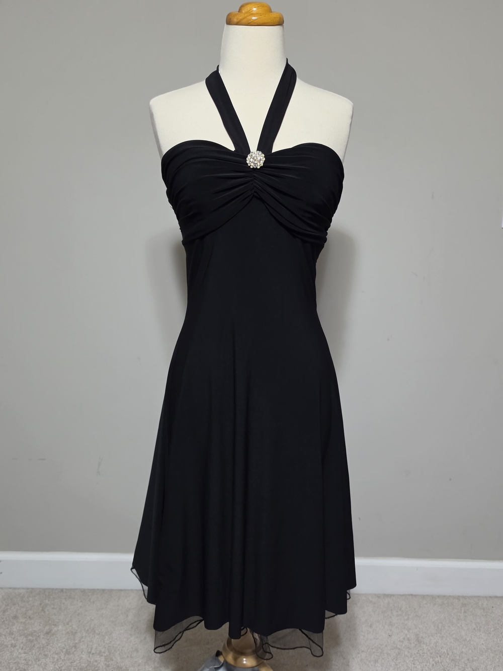 Vintage Y2K B. Darlin Black Halter Dress Rhinestone Brooch Mesh Trim Size 7/8
